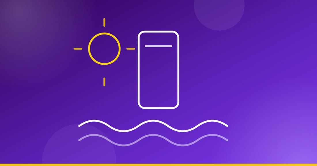 Ilustração de um telemóvel entre o sol e as ondas do mar — cuidados com o telemóvel na praia