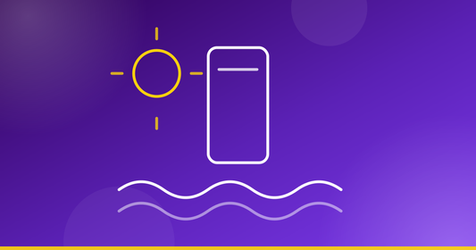 Ilustração de um telemóvel entre o sol e as ondas do mar — cuidados com o telemóvel na praia