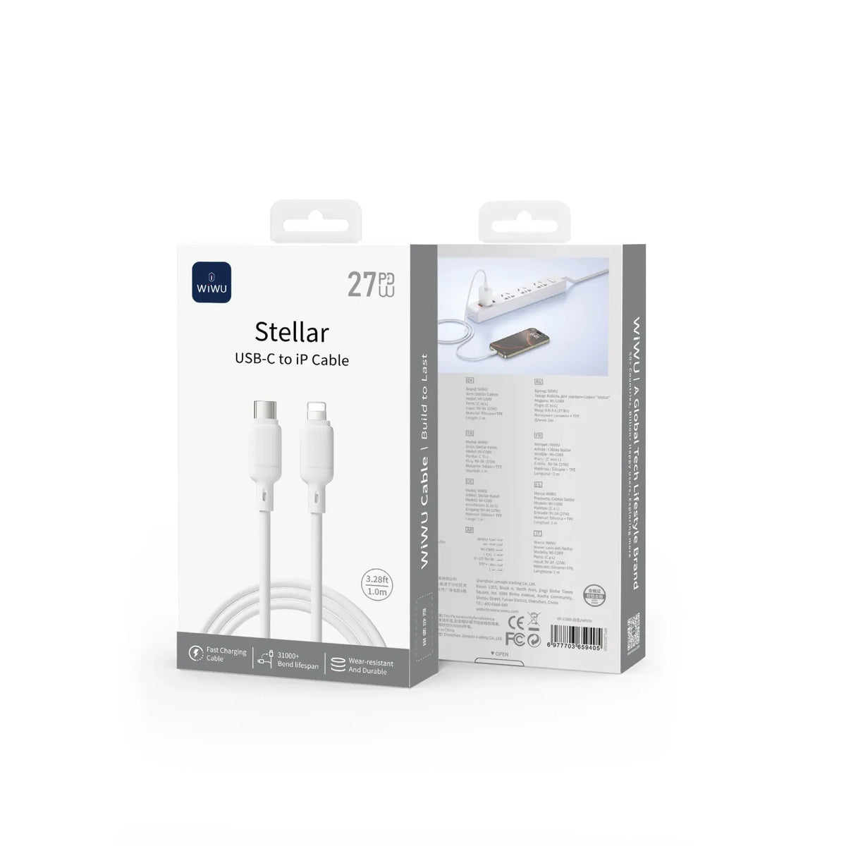 Embalagem do cabo WIWU Stellar USB-C para Lightning de 1 metro, branco