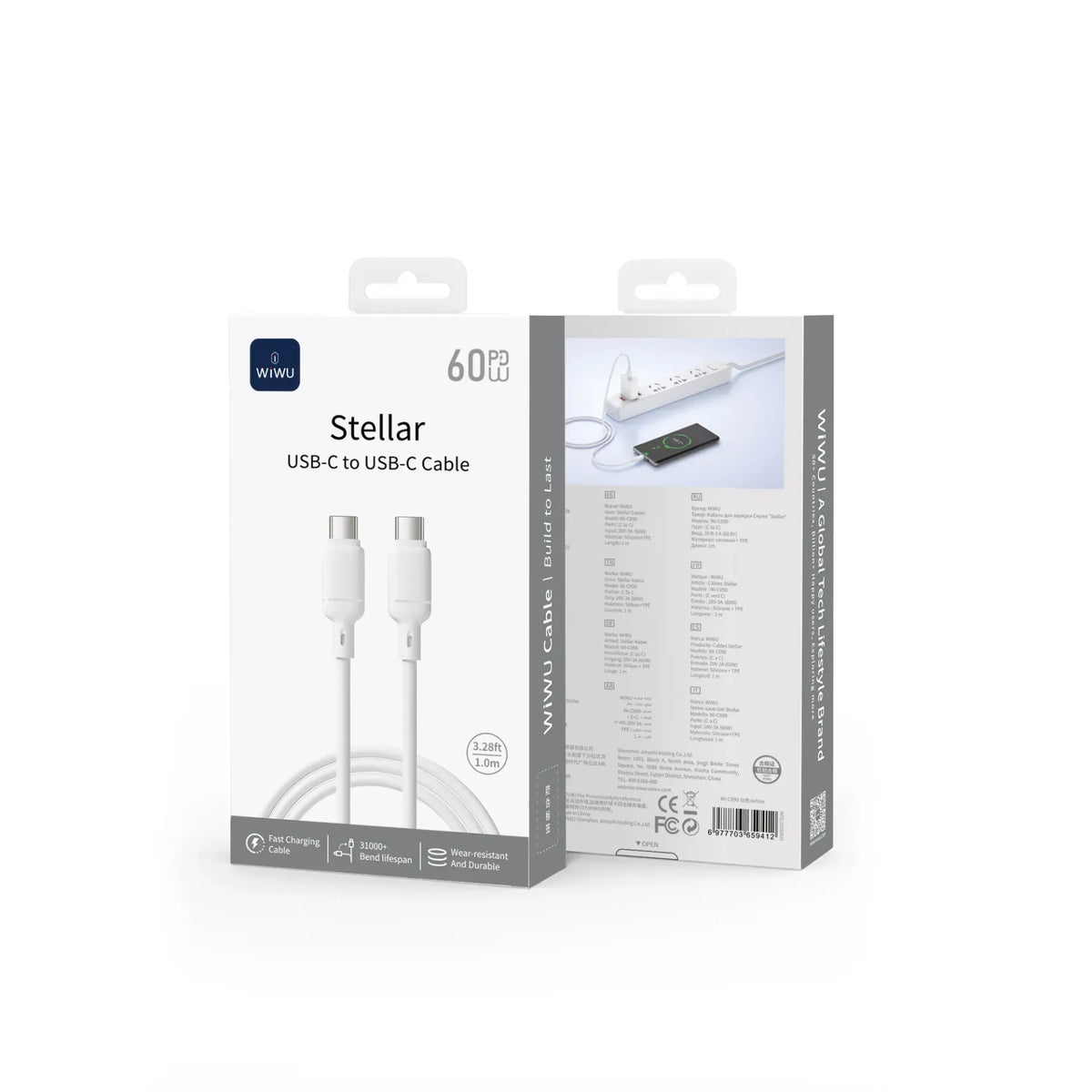 Embalagem do cabo WIWU Stellar USB-C para USB-C de 60 W e 1 metro, branco