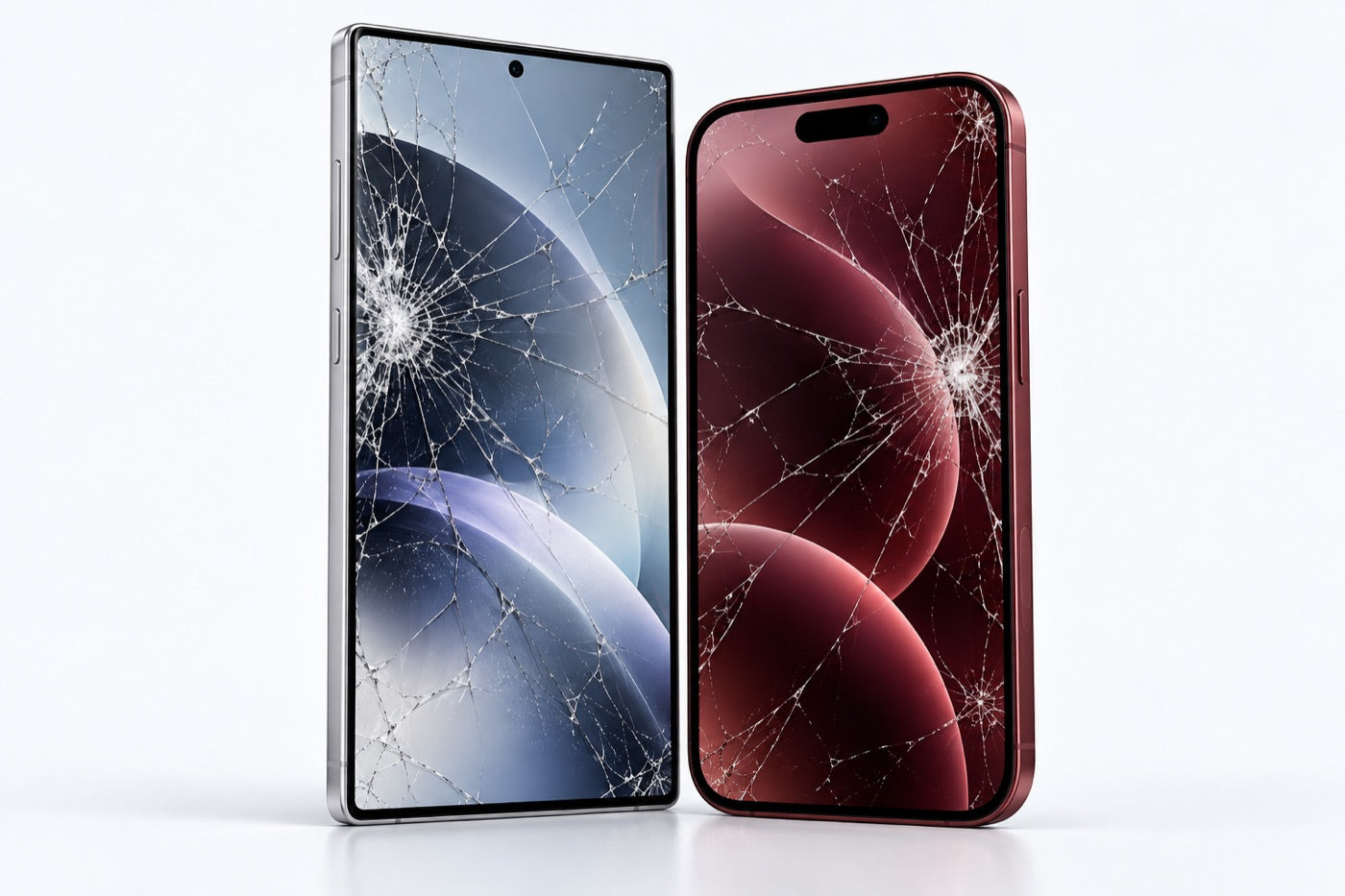 Samsung Galaxy e iPhone vermelho com os ecrãs partidos